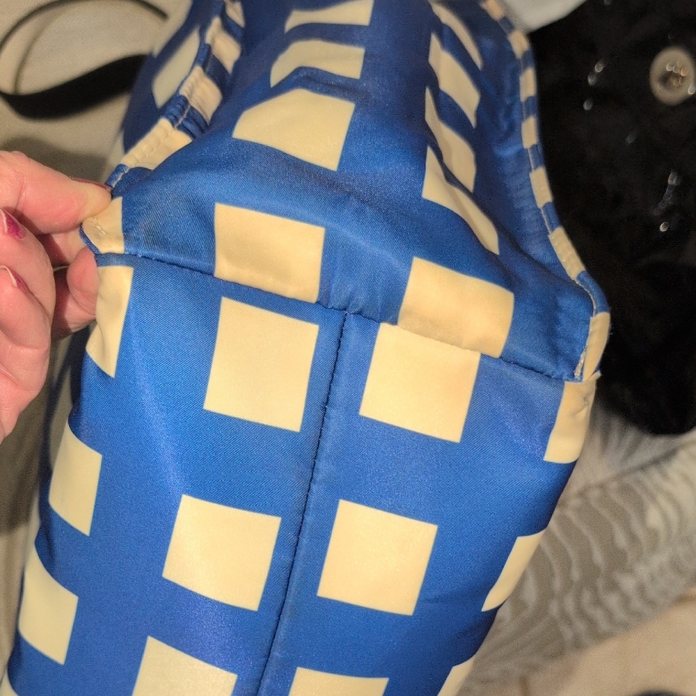 Kate Spade Blue and Cream Square Pattern Tote With Black Leather Handles - Picture 7 of 13